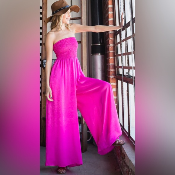 BUCKETLIST Pants - Smocked Fuchsia Jumpsuit with Pockets